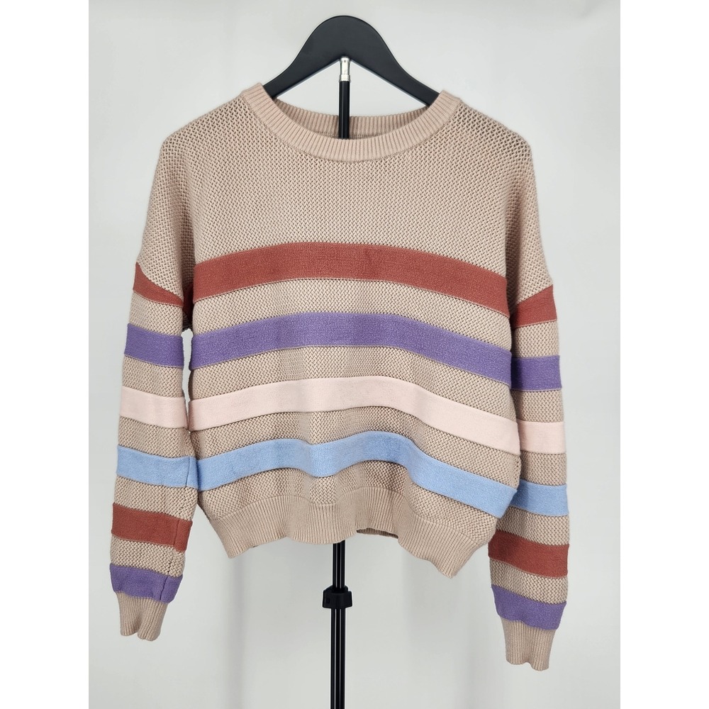 ACOA Womens Tan Multi Color Striped Knit Crewneck Sweater Size Medium